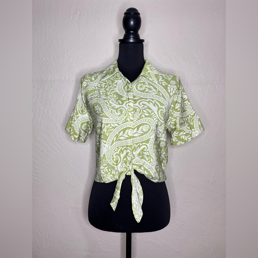 JOIE Cropped Tie Floral Blouse In Green and White Women’s Size Small